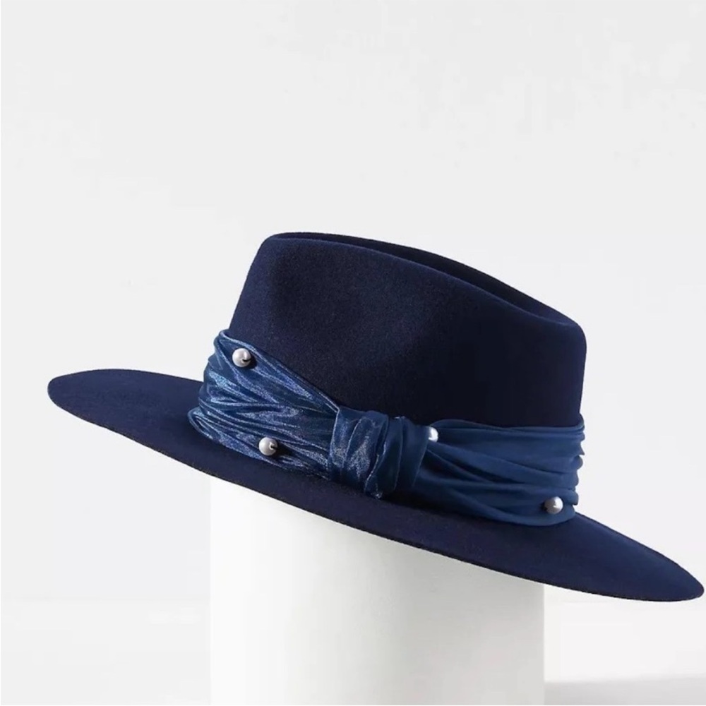 Anthropologie Lele Sadoughi Farrah Wool Pearl Rancher Hat New in Dust bag Blue - Picture 2 of 7